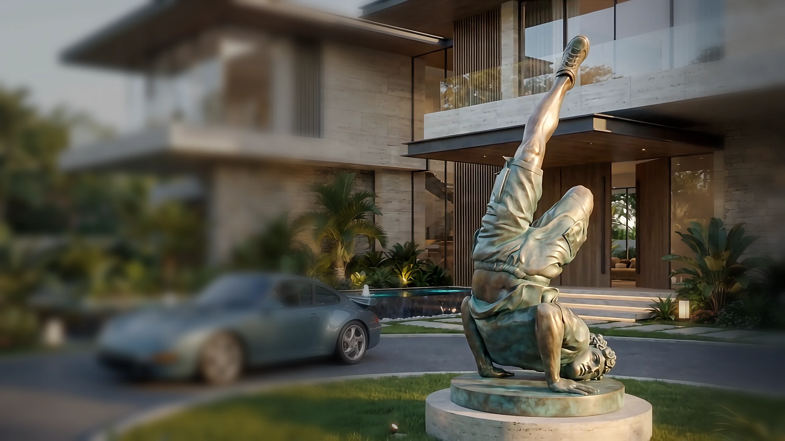 Visualisation: Breaking David in patinated bronze at the arrival court of a private residence